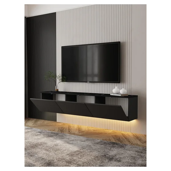 İnarch Dizayn Neon Led Işıklı Duvara Monte, 3 Kapaklı Tv Sehpası - 160 Cm - Modern Tasarım, Antrasit(Mermer Desen) - Görsel 3
