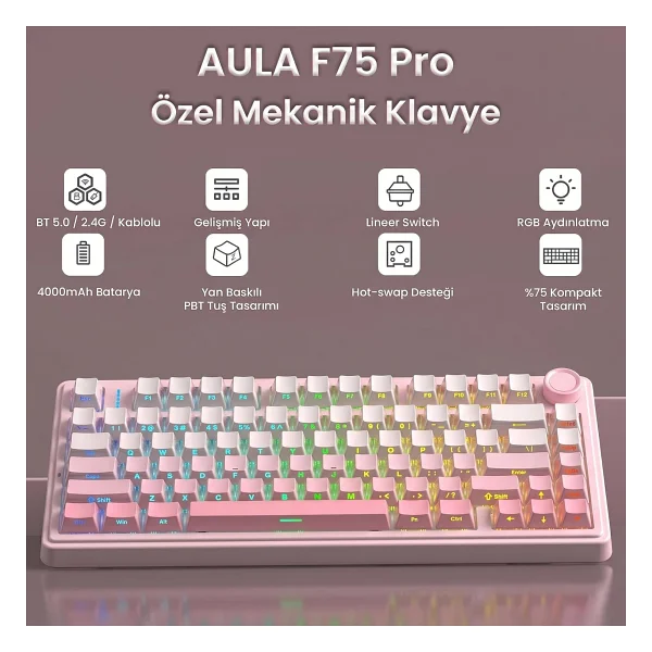 Aula F75 RGB %75 TKL Cotton Candy Switch Kablolu/Kablosuz Mekanik Oyuncu Klavyesi - Görsel 2