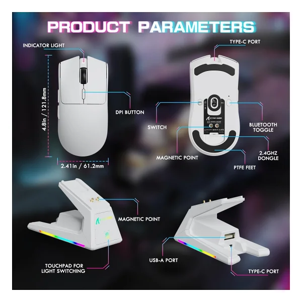 Attack Shark X1 Beyaz Şarj İstasyonlu Kablosuz Oyuncu Mouse - Görsel 3