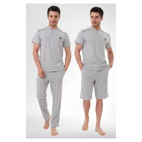 Mecit 2980 Gri Büyük Beden 3 Parça Erkek Şortlu Pijama Takımı Gri