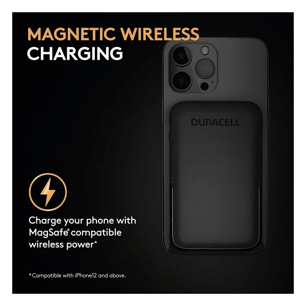 Duracell Manyetik Powerbank 5000 mAh - Magsafe Uyumlu Kablosuz Şarj Cihazı 7,5 W, 12 W USB-C Hızlı Şarj, iPhone 12 13 14 15 16 17 Pro Max, Samsung, AirPods İçin Ayaklıklı İnce Harici Pil - Görsel 5