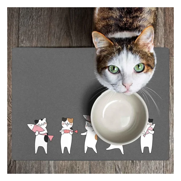 Monnhein Mama ve Su Evcil Hayvan Beslenme Matı, Kolay Temizlenen Emici Su Geçirmez Kumaş, Küçük Orta Boy ve Büyük Kedi ve Köpekler için Dayanıklı Köpek Kedi Paspas (40x60, Gri Kediler Balık) - Görsel 5