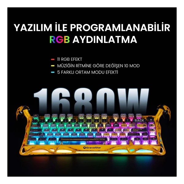 Gravastar Mercury K1 Pro Cyberpunk RGB %75 Tkl X Kailh Switch Kablolu/Kablosuz Mekanik Oyuncu Klavyesi - Görsel 6