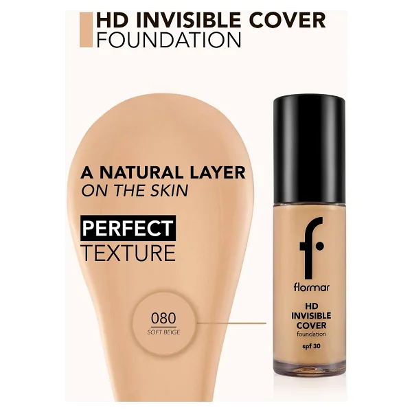 Flormar Invisible Cover HD Yarı Parlak Bitişli Spf 30 080 Soft Beige 30 Ml Likit Fondöten - Görsel 5