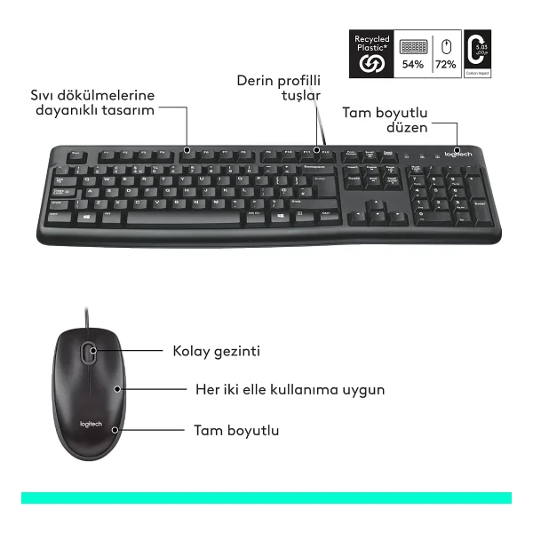Logitech MK120 Türkçe Kablolu USB Standart Siyah Q Klavye+Mouse - Görsel 4