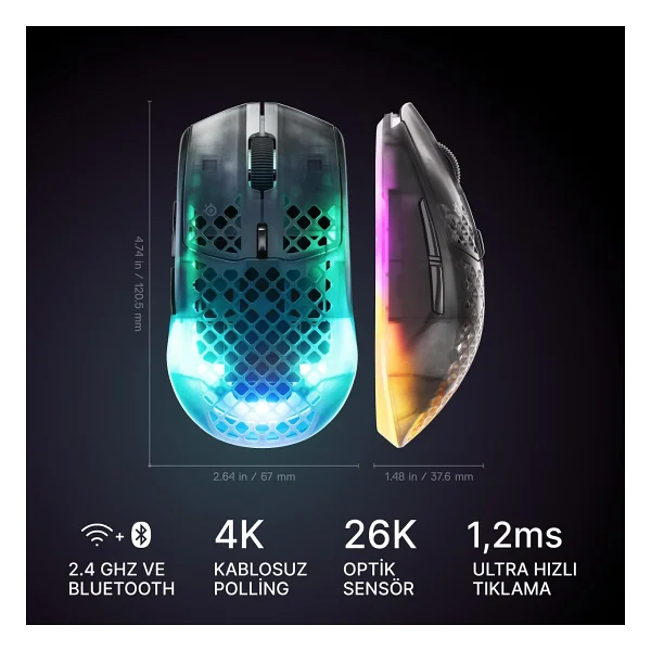 Steelseries Aerox 3 Wireless Gen 2 4K Shadow RGB Şarjlı Ergonomik Optik Kablosuz Oyuncu Mouse - Görsel 2