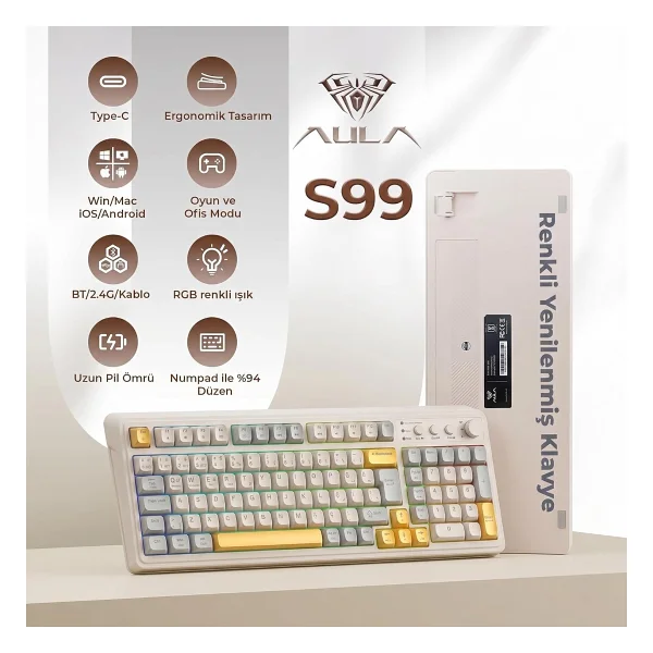 Aula S99 Retro RGB %96 Kablolu/Kablosuz Oyuncu Klavyesi - Görsel 2