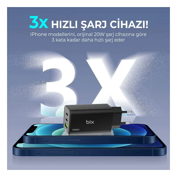 Bix Bx3p66g 65 W Siyah Hızlı Şarj Adaptörü - Görsel 2