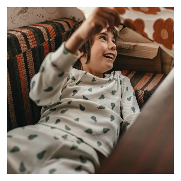 Antebies Organik Gri Yeşil Armut Desenli Beli Lastikli Uzun Kollu Erkek Çocuk Pijama Takımı - 9 - 10 Yaş - Görsel 2