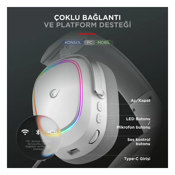 Rampage Retsu Beyaz RGB Kablolu/Kablosuz Kulak Üstü Oyuncu Kulaklığı - Görsel 4