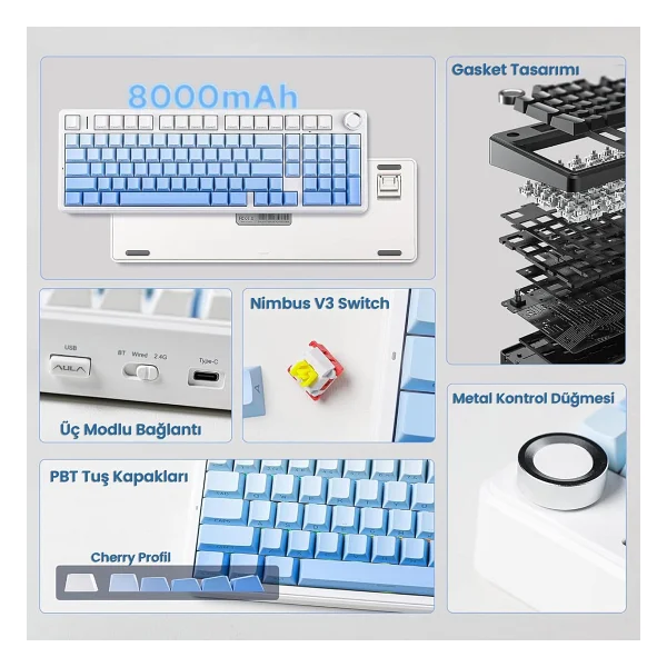 Aula F99 Pro 3 Modlu RGB Hot Swap Mekanik Nimbus V3 Switch Kablosuz Makrolu Gaming Klavye Gradyan Mavi - Görsel 2