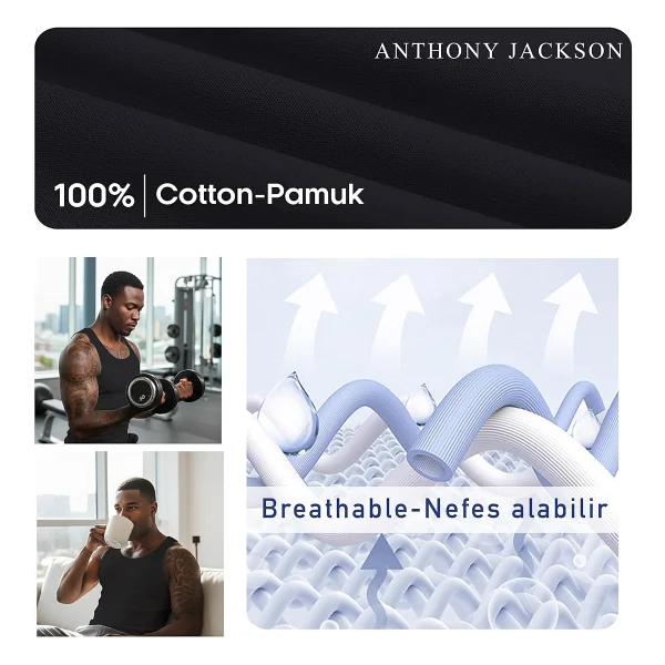 Anthony Jackson 5'li Kutu Premium Klasik Erkek Atlet ALEXANDER Ekstra Uzun- Taranmış İnce Fitilli Organik Pamuk (Düz) (SİYAH, M) - Görsel 5