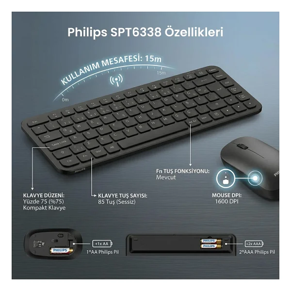 Philips Spt6338 Kablosuz Klavye Mouse Seti - Görsel 6
