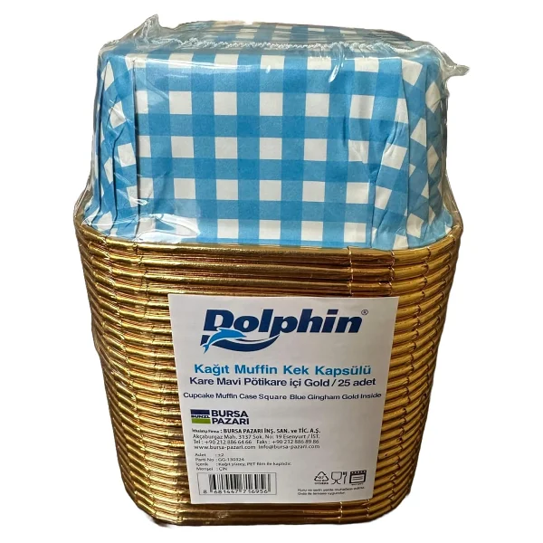 Dolphin Muffin Kare Kağıt Mavi Puantiyeli Altın Cupcake Kek Kalıbı Kapsülü Kabı - 25 Adetlik 10 Paket - Görsel 2