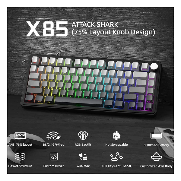 Attack Shark X85 RGB ingilizce Kablolu/Kablosuz Mekanik Oyuncu Klavyesi - Görsel 2