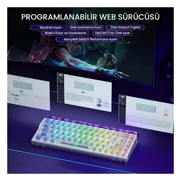 Aula Hero 68 He Manyetik Klavye Rapid Trigger Silver Switch 8000Hz RGB Neon TKL Hot Swap Oyuncu Klavyesi Şeffaf - Görsel 5
