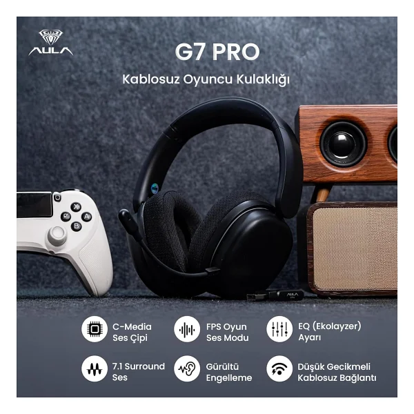Aula G7 Pro Siyah RGB Kablolu/Kablosuz Kulak Üstü Oyuncu Kulaklığı - Görsel 2