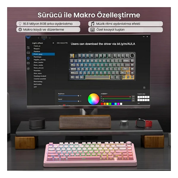 Aula F75 RGB %75 TKL Cotton Candy Switch Kablolu/Kablosuz Mekanik Oyuncu Klavyesi - Görsel 4