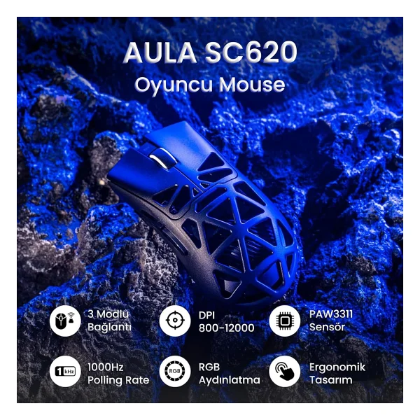 Aula Sc620 Siyah Şarjlı Optik Kablolu/Kablosuz Oyuncu Mouse - Görsel 2