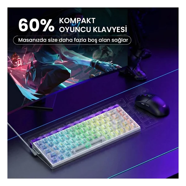 Aula Hero 68 He Manyetik Klavye Rapid Trigger Silver Switch 8000Hz RGB Neon TKL Hot Swap Oyuncu Klavyesi Şeffaf - Görsel 7