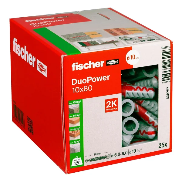 fischer DuoPower 8 x 40, evrensel dübel, güçlü 2 bileşenli dübel, beton, tuğla, taş, alçı yapı plakaları vb. sabitlemek için plastik dübel, vidasız, 100 adet - Görsel 8