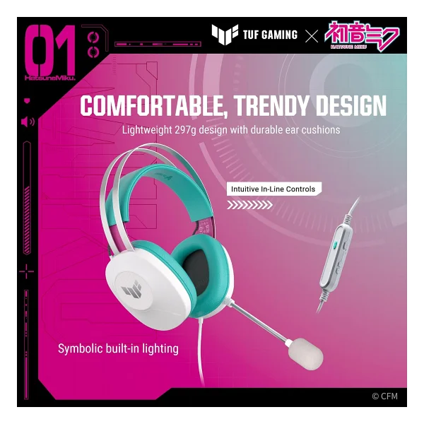 Asus Tuf Gaming H1 Gen Iı Hatsune Miku Edition 7.1 USB Kablolu Kulak Üstü Oyuncu Kulaklığı - Görsel 5