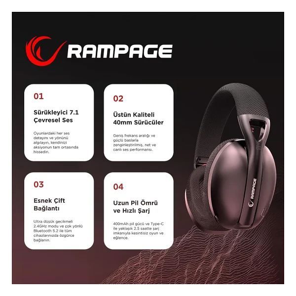 Rampage Crack H11 7.1 Kablolu/Kablosuz Kulak Üstü Oyuncu Kulaklığı - Görsel 4