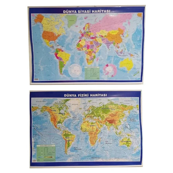 Lrs Store Dünya Haritası Siyasi Ve Fiziki Çift Taraflı Çıtalı 70x100 Cm Eğitici Harita, Çok Renkli - Görsel 3