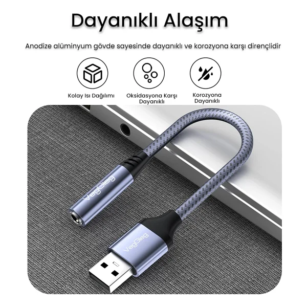 VegGieg USB-A to 3.5mm Jack Aux Mikrofon Destekli DAC Chip HiFi Ses Kartı - Görsel 5