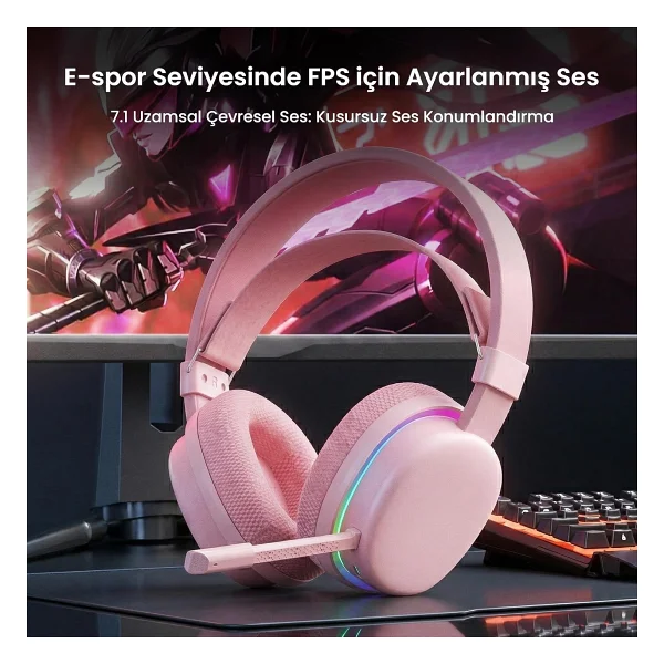 Aula G7 Pembe RGB Kablolu/Kablosuz Kulak Üstü Oyuncu Kulaklığı - Görsel 3