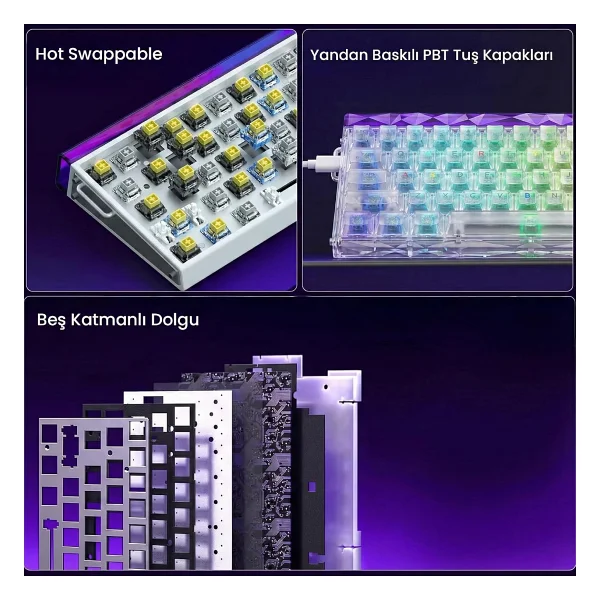 Aula Hero 68 He Manyetik Klavye Rapid Trigger Silver Switch 8000Hz RGB Neon TKL Hot Swap Oyuncu Klavyesi Şeffaf - Görsel 6