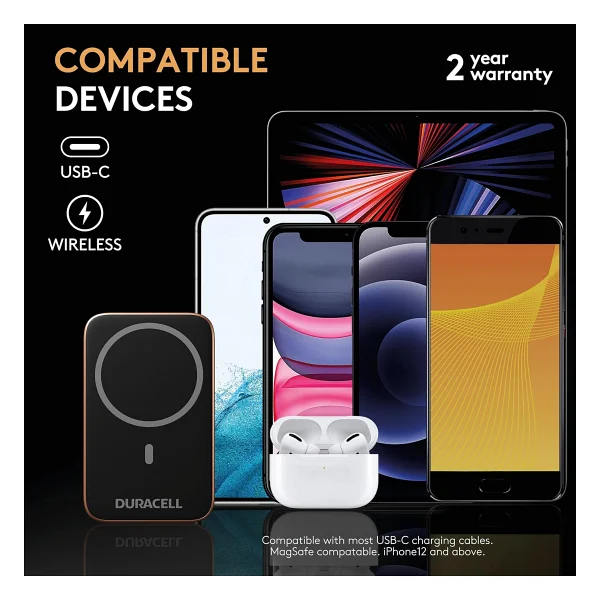 Duracell Manyetik Powerbank 5000 mAh - Magsafe Uyumlu Kablosuz Şarj Cihazı 7,5 W, 12 W USB-C Hızlı Şarj, iPhone 12 13 14 15 16 17 Pro Max, Samsung, AirPods İçin Ayaklıklı İnce Harici Pil - Görsel 7