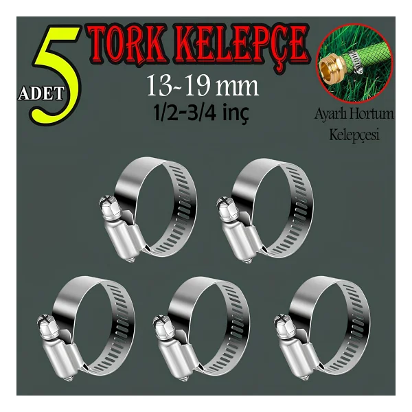Hortum Kelepçesi Tork Ayarlı 13x19 Mm Paslanmaz Çelik Boru Metal Kelepçe Ayarlanabilir Klips 5 Adet - Görsel 8