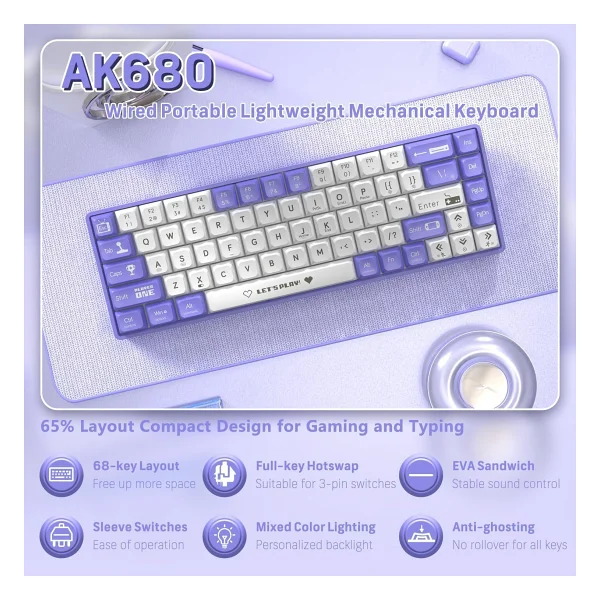 Ajazz Ak680 %65 Tkl Brown Switch Kablolu Mekanik Oyuncu Klavyesi - Görsel 6