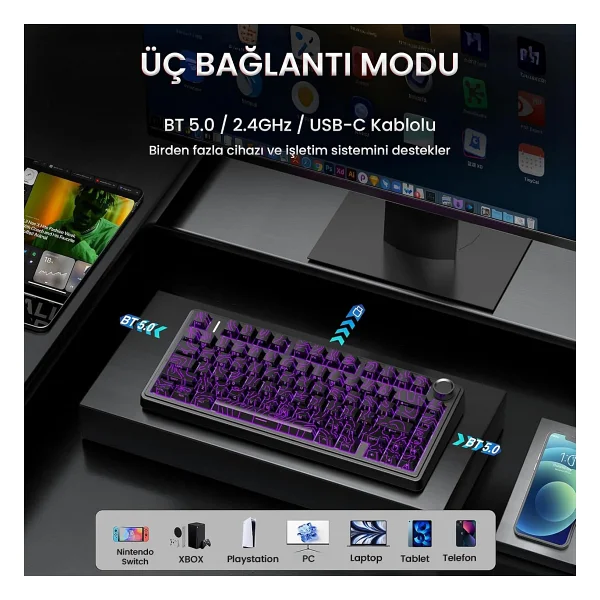 Aula F75 RGB %75 Tkl Seiya Switch Kablolu/Kablosuz Mekanik Oyuncu Klavyesi - Görsel 3