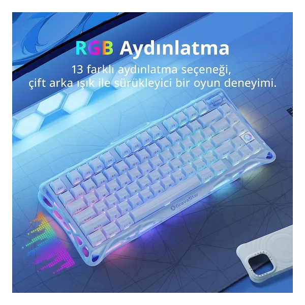 Gravastar Mercury K1 Special Edition Mavi RGB %75 Tkl Kailh Cherry Pink Switch Kablolu/Kablosuz Mekanik Oyuncu Klavyesi - Görsel 8