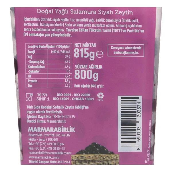 Marmarabirlik Sepet Serisi Yağlı Salamura S (291-320) 800 Gr Siyah Zeytin - Görsel 4