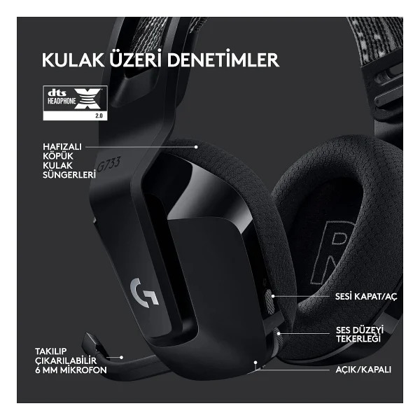 Logitech G733 Lightspeed RGB 7.1 Kablosuz Kulak Üstü Oyuncu Kulaklığı - Görsel 5