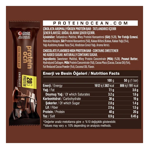 Proteinocean Protein Bar, Çikolata Aromalı, 50 gr x 12 adet - Görsel 2