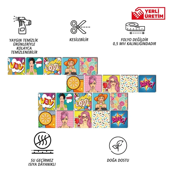 Tink Kendinden Yapışkanlı Karma Popart Desenli PVC Karo 15X15 CM 10'LU Paket - Görsel 2