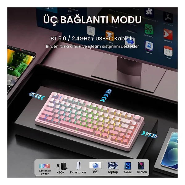 Aula F75 RGB %75 TKL Cotton Candy Switch Kablolu/Kablosuz Mekanik Oyuncu Klavyesi - Görsel 3