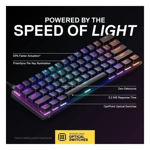 SteelSeries Apex 9 Mini - Mekanik oyun klavyesi - optik anahtarlar - 2 noktalı çalışma - Kompakt Esports mini%60 form faktörü - Hotswap özellikli anahtarlar - Amerikan (QWERTY) düzeni - Görsel 2