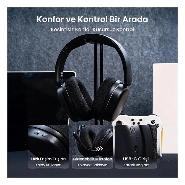 Aula G7 Pro Siyah RGB Kablolu/Kablosuz Kulak Üstü Oyuncu Kulaklığı - Görsel 7