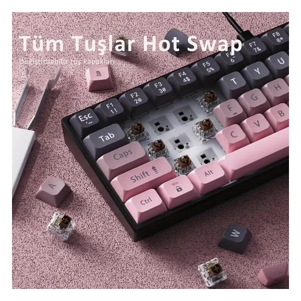 Ajazz Ak680 Pembe %65 Tkl Brown Switch Kablolu Mekanik Oyuncu Klavyesi - Görsel 8