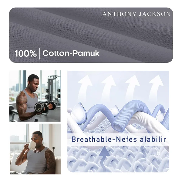 Anthony Jackson 5'li Kutu Premium Klasik Erkek Atlet ALEXANDER Ekstra Uzun- Taranmış İnce Fitilli Organik Pamuk (Düz) (GRİ, M) - Görsel 5