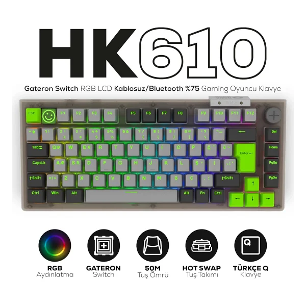 Hawk Gaming HK610 RGB TKL Gateron Switch Kablolu/Kablosuz Oyuncu Klavyesi - Görsel 2