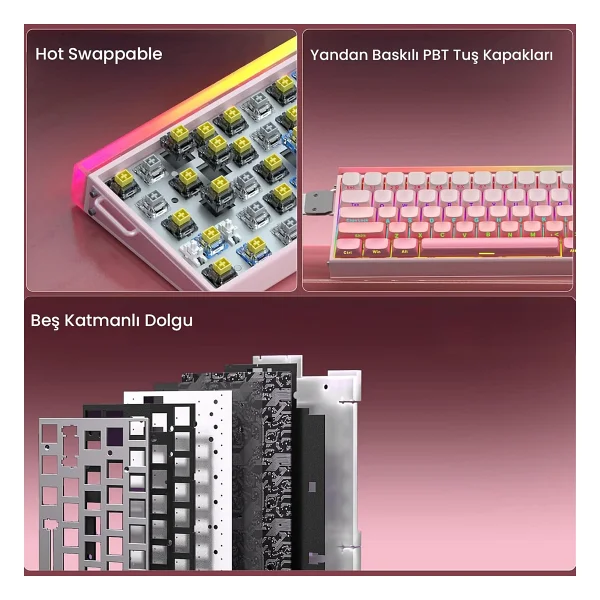 Aula Hero 68 He Pembe RGB %65 Tkl Black King Switch Kablolu Mekanik Oyuncu Klavyesi - Görsel 6