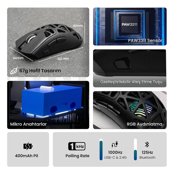 Aula Sc620 Siyah Şarjlı Optik Kablolu/Kablosuz Oyuncu Mouse - Görsel 3