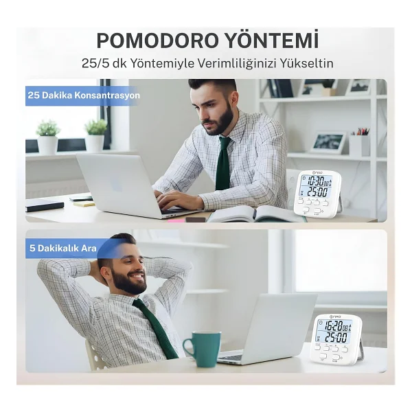 Npo Npt19 Çift Sayaçlı Dijital Kronometre Pomodoro Motivasyon Saati - Görsel 3