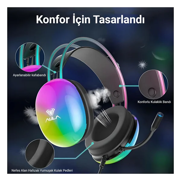 Aula S505 RGB USB Kablolu Kulak Üstü Oyuncu Kulaklığı - Görsel 5